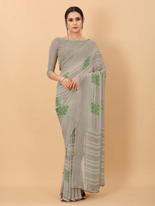 grey printed saree with blouse - 20008176 - Standard Image - 0