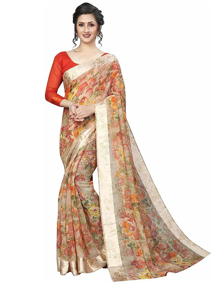 orange floral printed woven saree with blouse - 20008213 - Zoom Image - 0