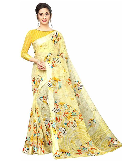 yellow printed saree with blouse - 20008235 - Standard Image - 0