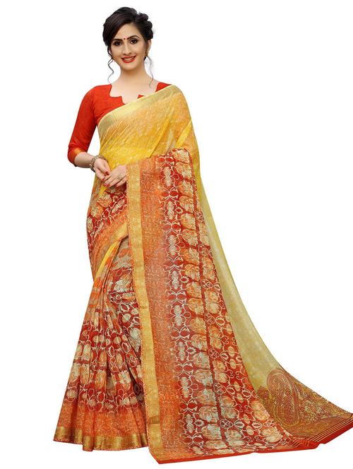 yellow printed saree with blouse - 20008244 -  Standard Image - 0