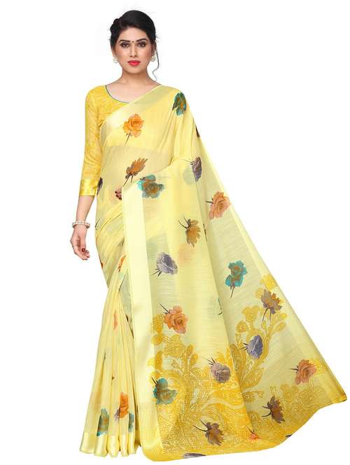 yellow floral printed saree with blouse - 20008245 - Standard Image - 0