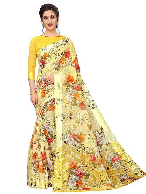 yellow floral printed saree with blouse - 20008252 -  Standard Image - 0