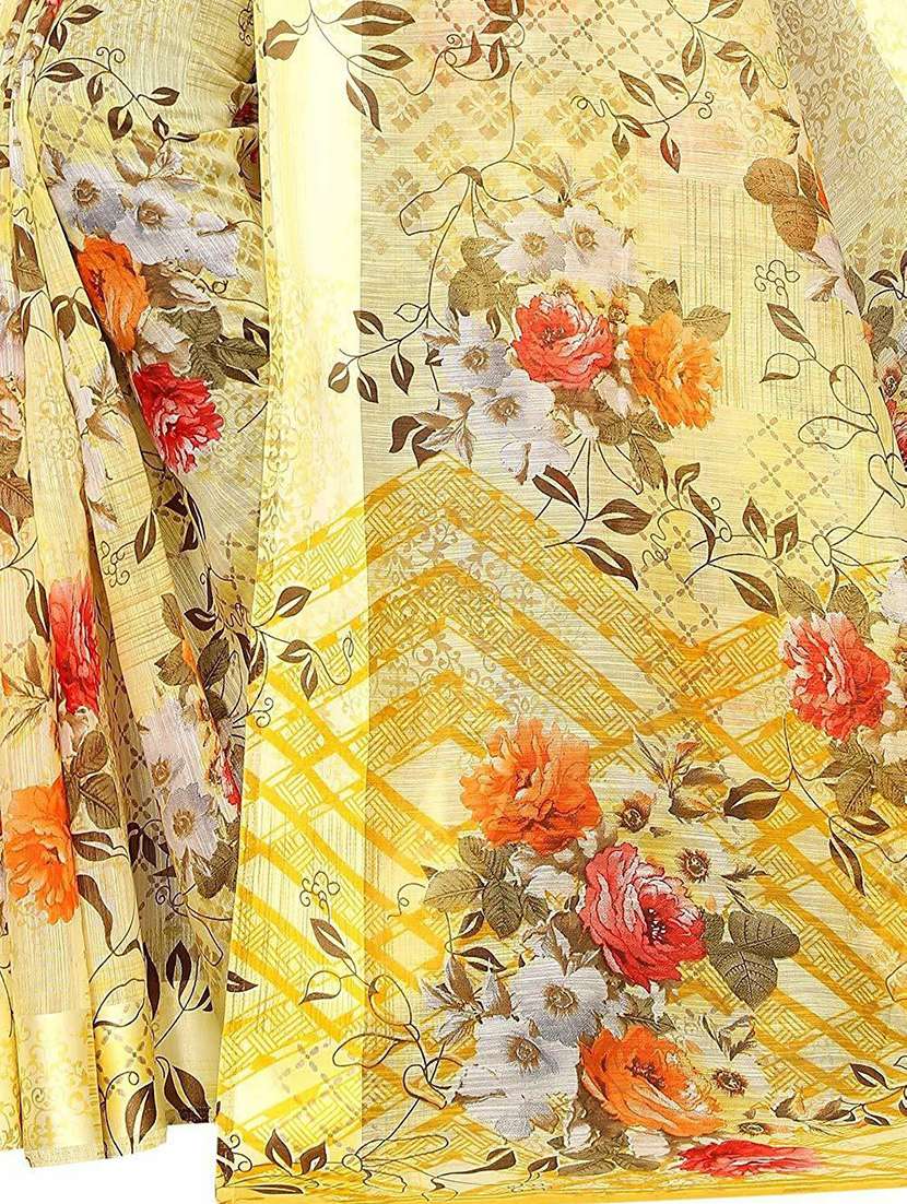 yellow floral printed saree with blouse - 20008252 - Standard Image - 3