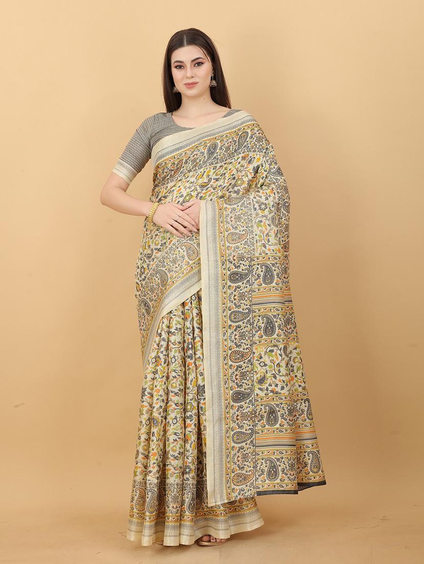 off-white printed saree with blouse - 20008318 -  Zoom Image - 0