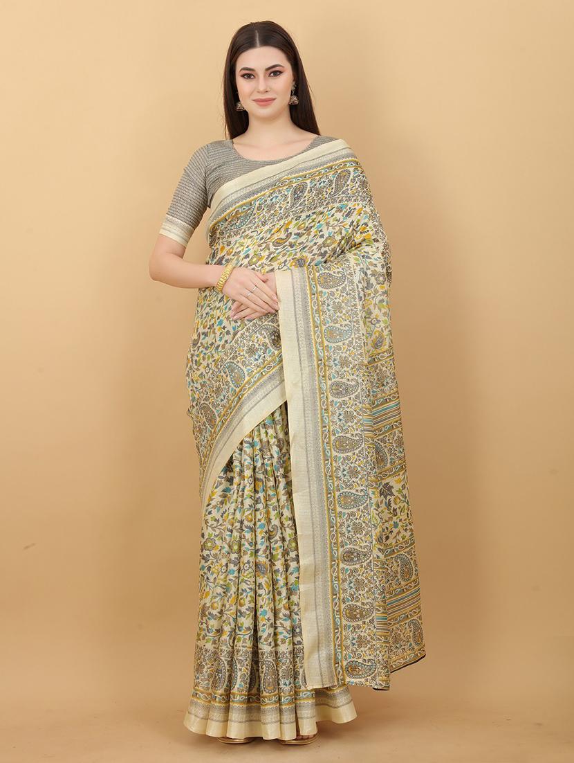 off-white printed saree with blouse - 20008319 - Zoom Image - 0