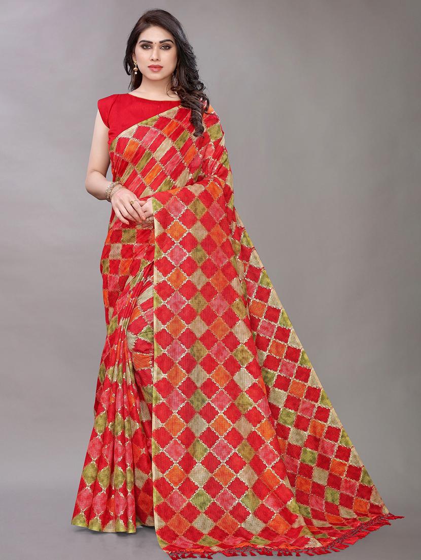 red cotton blend saree with blouse - 20008322 - Zoom Image - 0