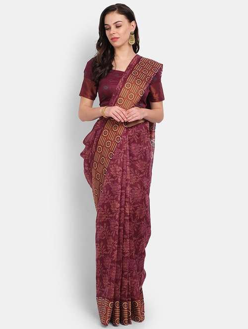 maroon printed saree with blouse - 20008345 -  Standard Image - 0