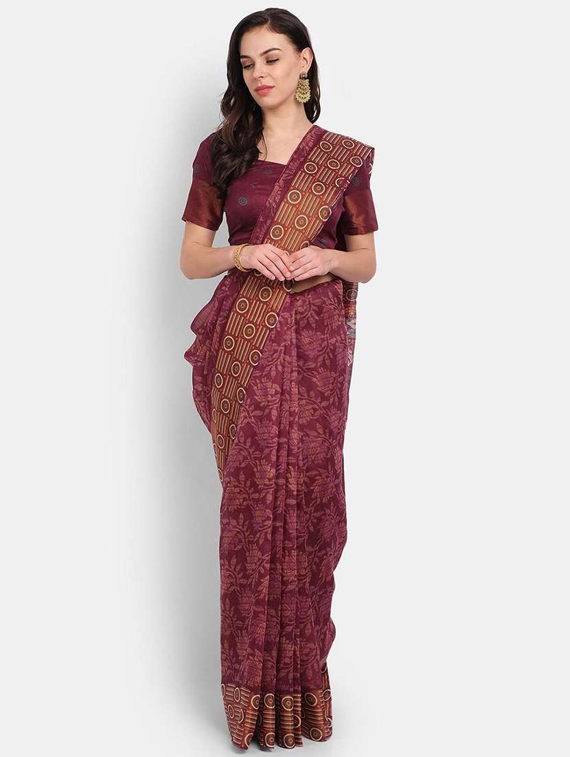 maroon printed saree with blouse - 20008345 -  Zoom Image - 0
