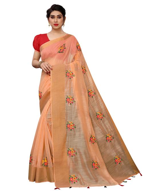 orange cotton blend saree with blouse - 20008346 - Standard Image - 0