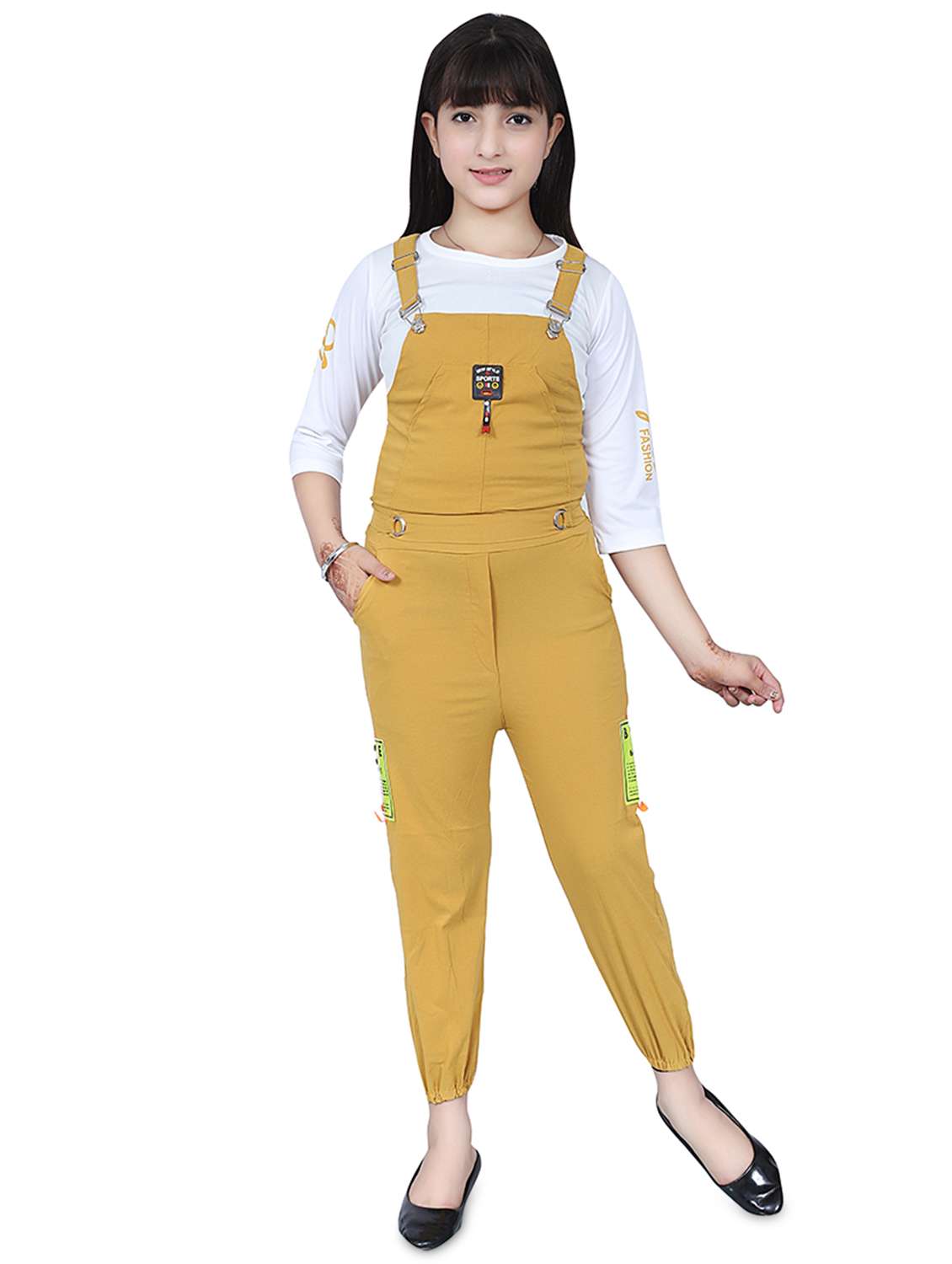 yellow solid adjustable shoulder straps dungaree - 20009432 - Zoom Image - 0