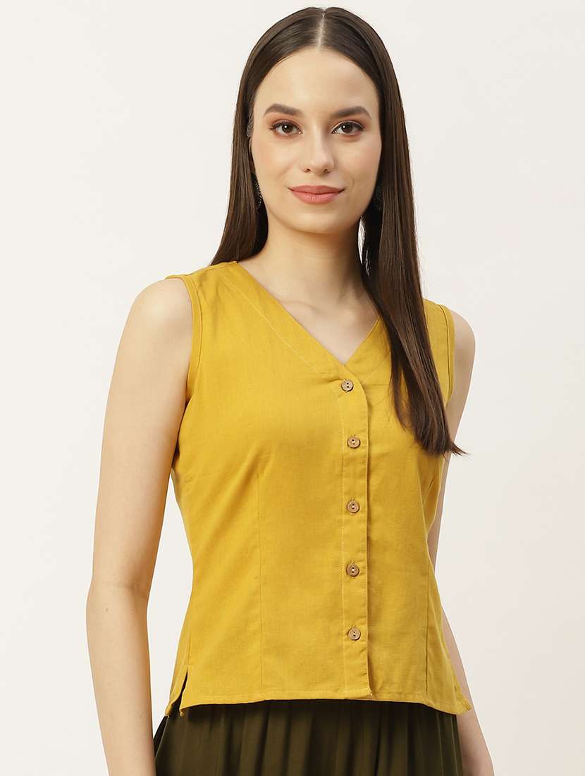 women yellow v neck blouse