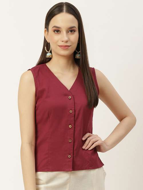 women maroon v-neck blouse - 20009545 - Standard Image - 0