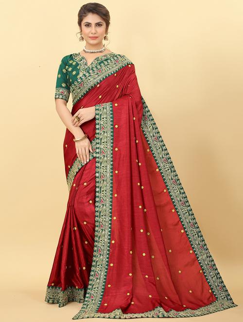 red embroidered saree with blouse - 20009689 - Standard Image - 0