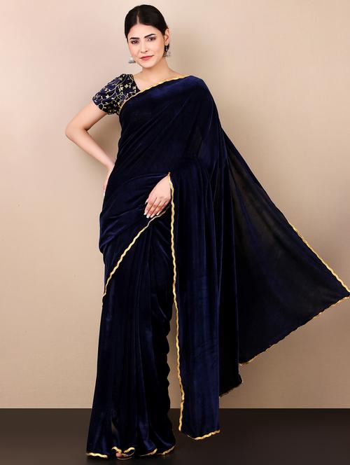 blue solid with borders plain saree with blouse - 20009692 -  Standard Image - 0