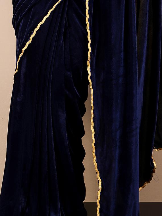 blue solid with borders plain saree with blouse - 20009692 - Standard Image - 3