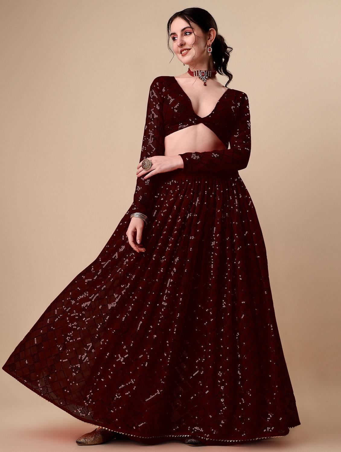 brown self design semi-stitched flared lehenga - 20009736 -  Zoom Image - 0