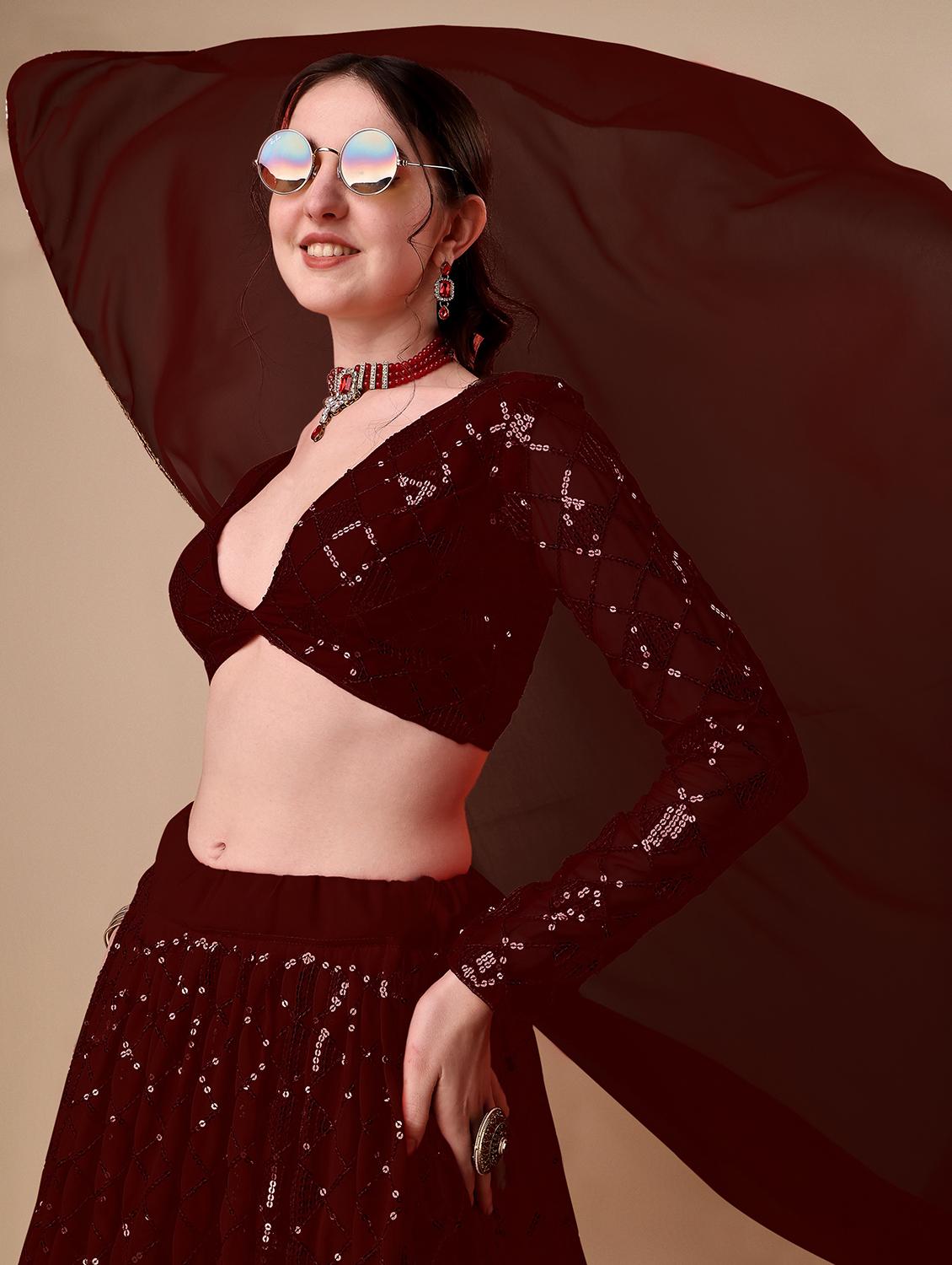brown self design semi-stitched flared lehenga - 20009736 - Standard Image - 3