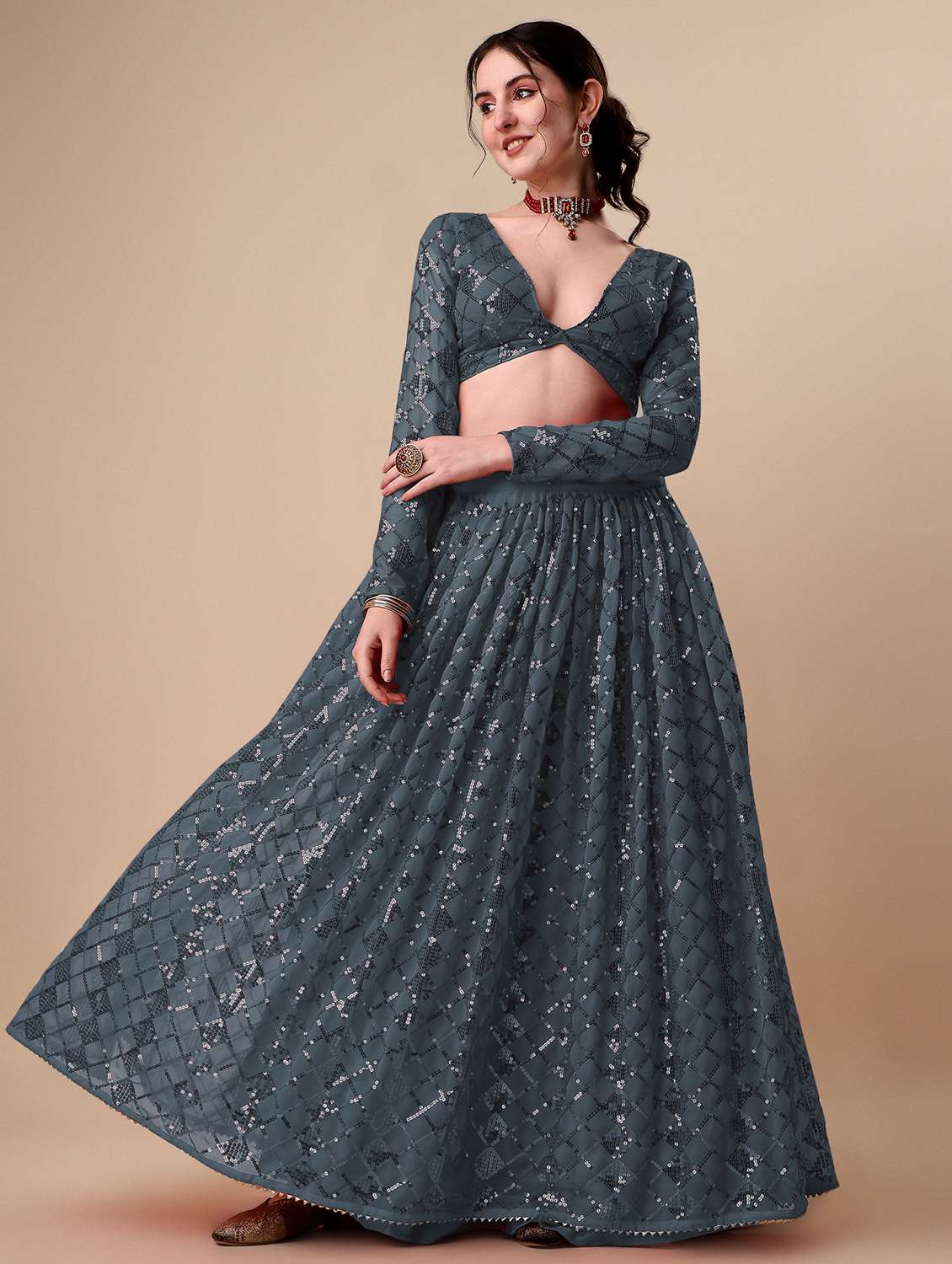 grey self design semi-stitched flared lehenga