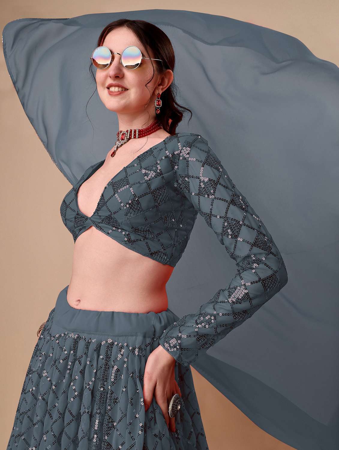 grey self design semi-stitched flared lehenga - 20009737 -  Standard Image - 3