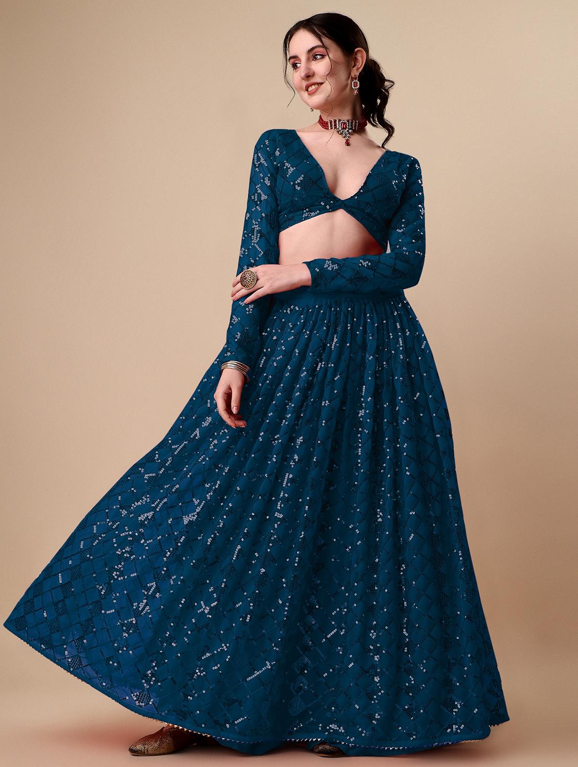 blue self design semi-stitched flared lehenga - 20009739 -  Zoom Image - 0