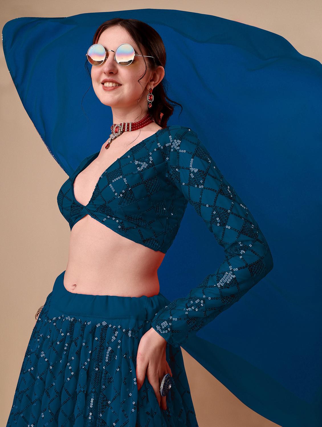 blue self design semi-stitched flared lehenga - 20009739 - Standard Image - 3