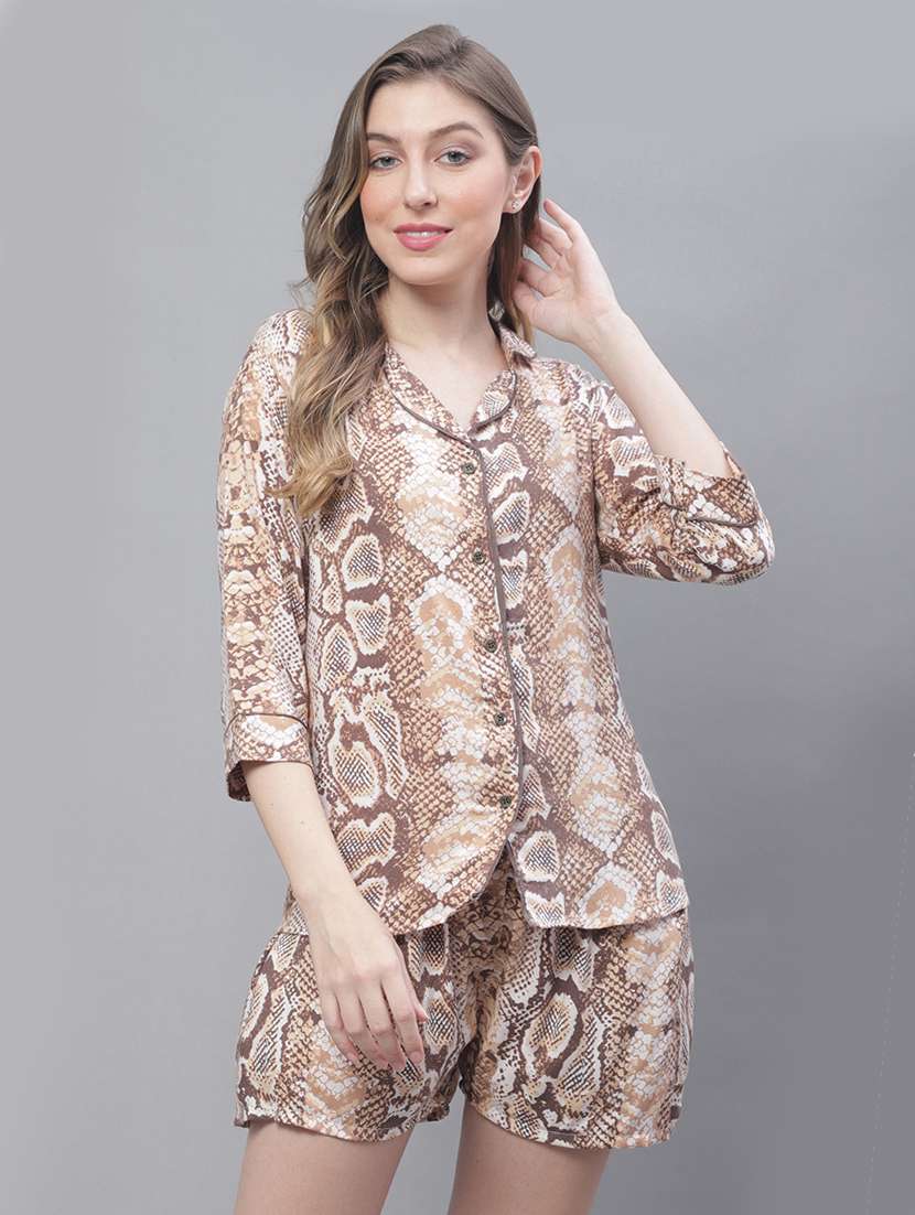 brown animal print three quater sleeves shorts set