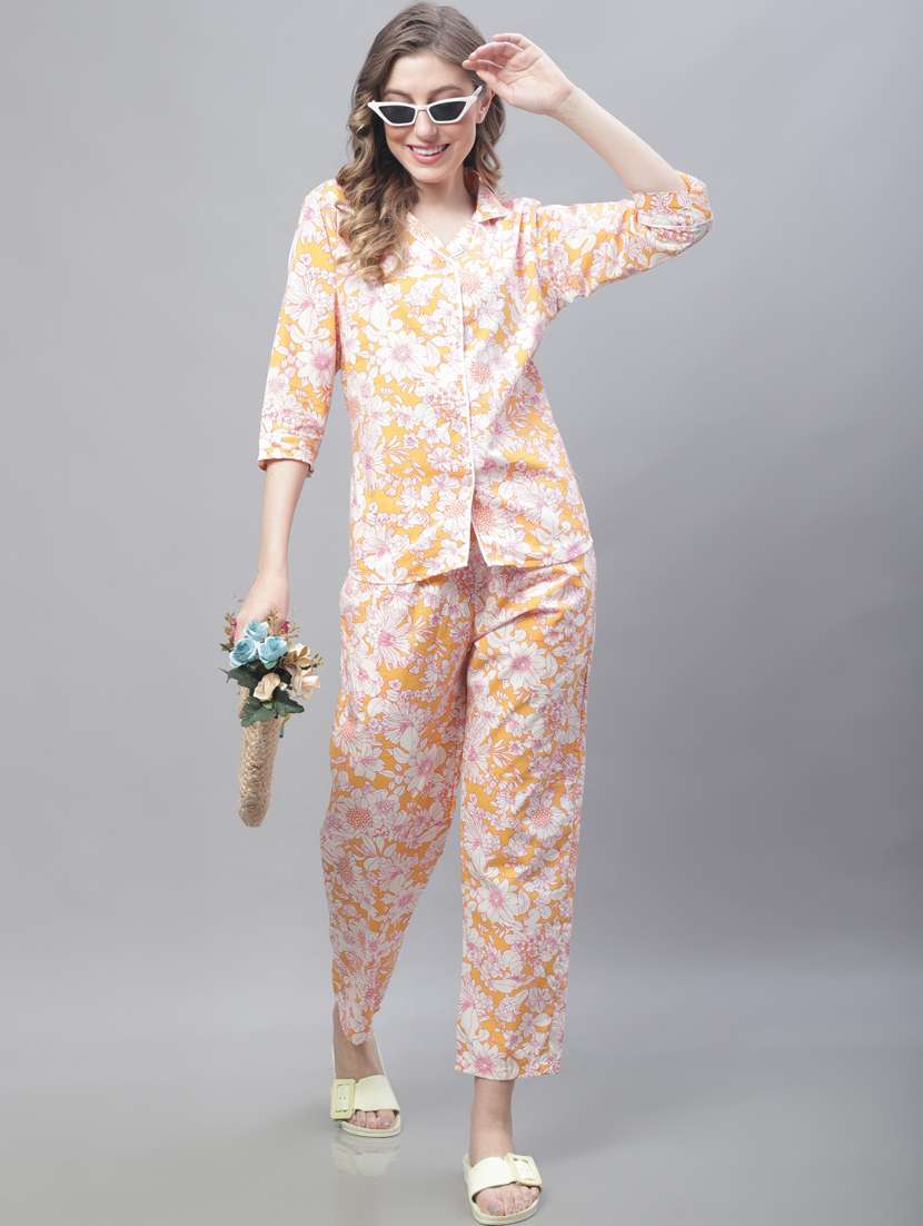 orange floral print three quater sleeves pyjama set   - 20010360 -  Standard Image - 3
