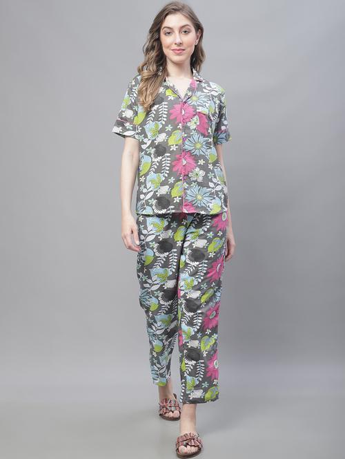 grey floral print short sleeves pyjama set - 20010361 - Standard Image - 0