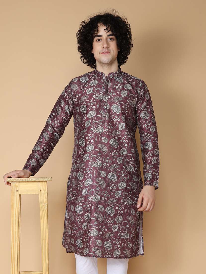 namaskar silk full sleeve chikankari printed knee length coffee kurta for men