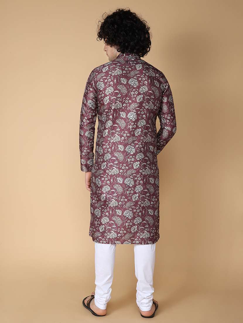namaskar silk full sleeve chikankari printed knee length coffee kurta for men - 20011616 -  Standard Image - 3