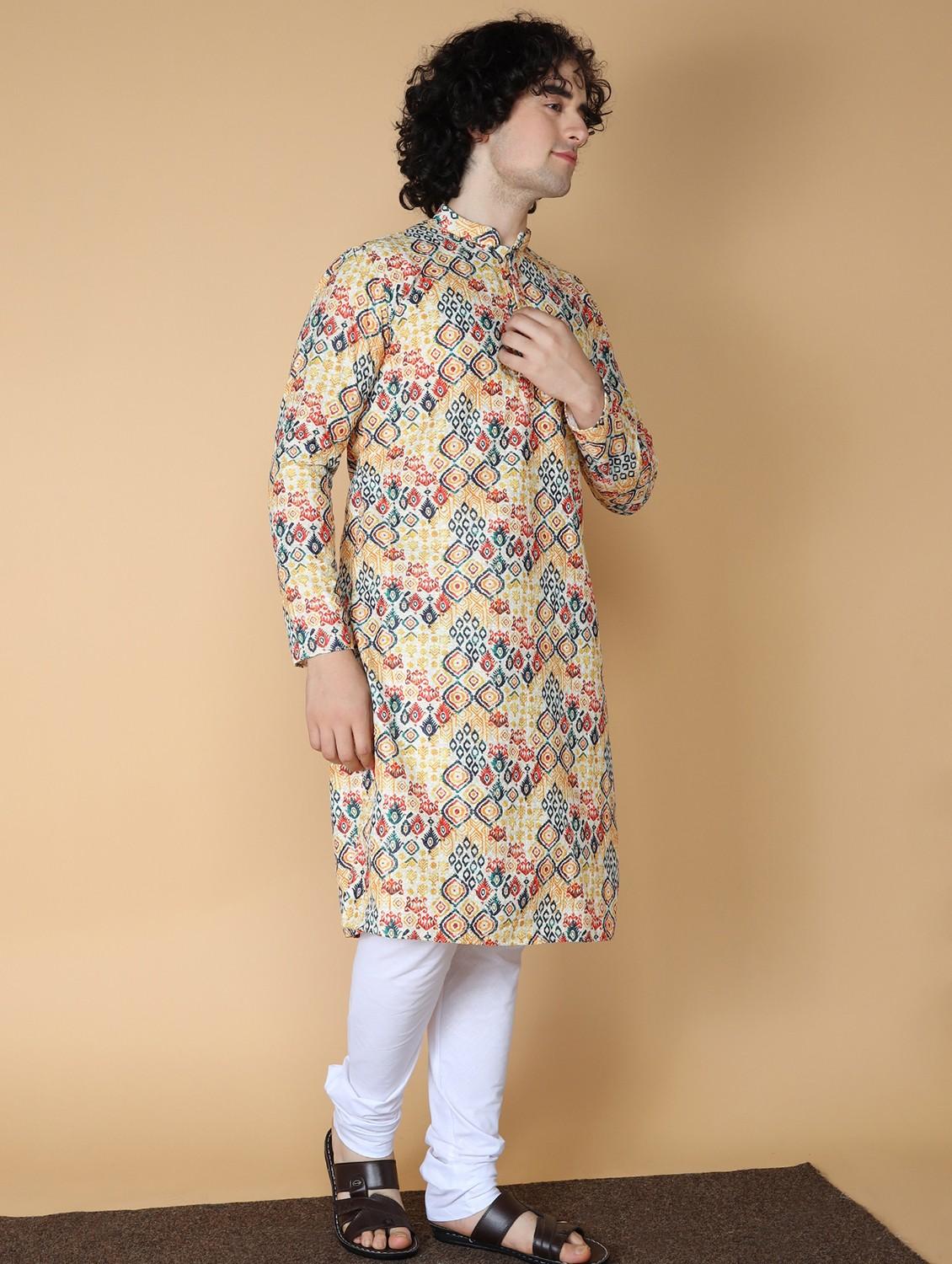 men printed mandarin neck long kurta - 20011625 - Standard Image - 3