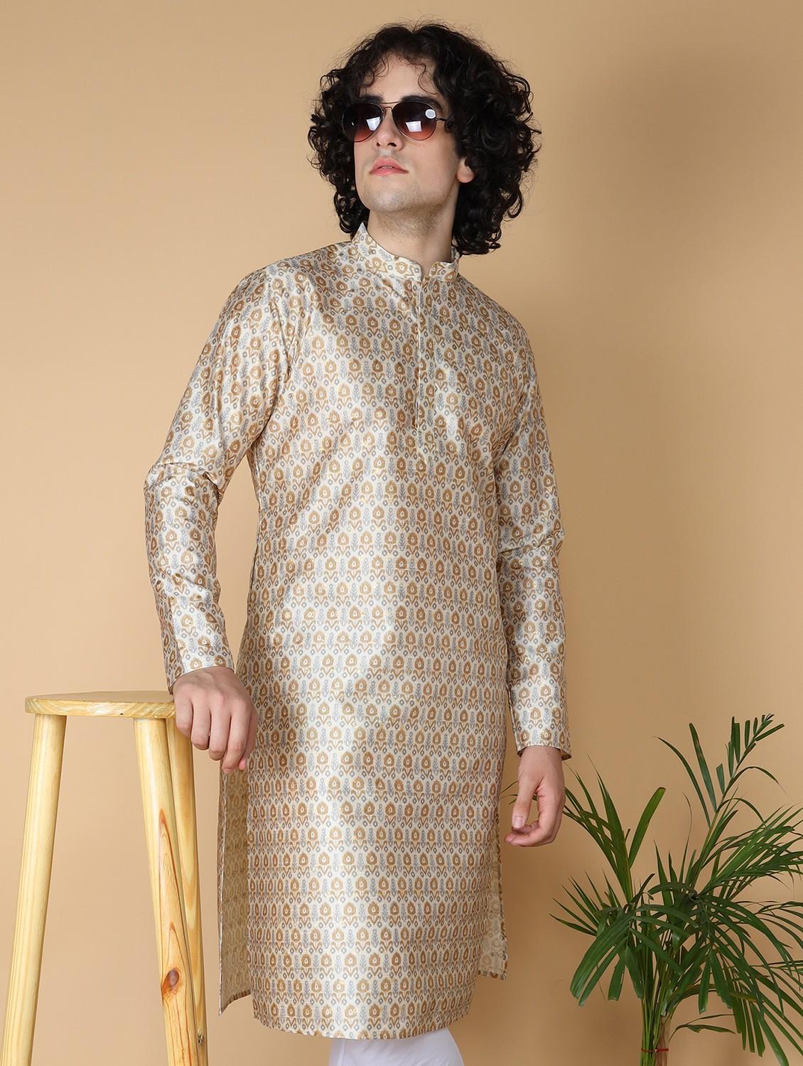 beige mandarin neck printed long kurta - 20011649 - Zoom Image - 0