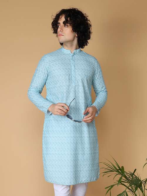 namaskar cotton full sleeve chikankari embroidery knee length sea green kurta for men - 20011651 -  Standard Image - 0
