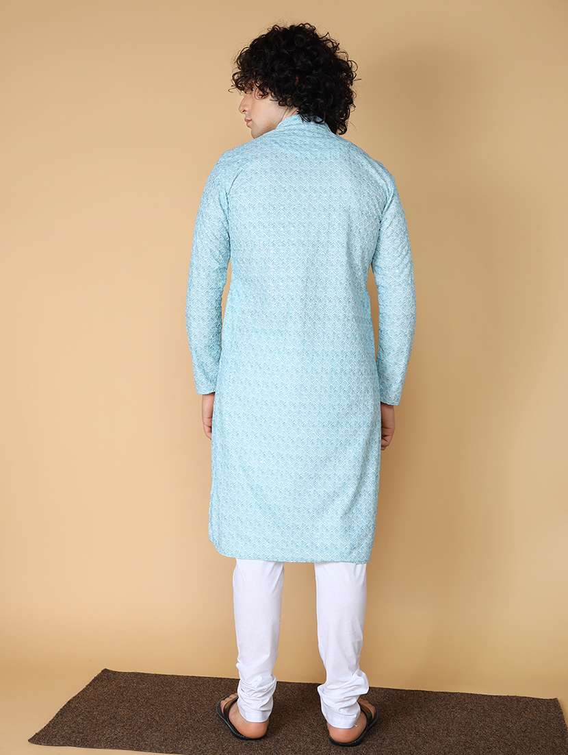 namaskar cotton full sleeve chikankari embroidery knee length sea green kurta for men - 20011651 - Standard Image - 3