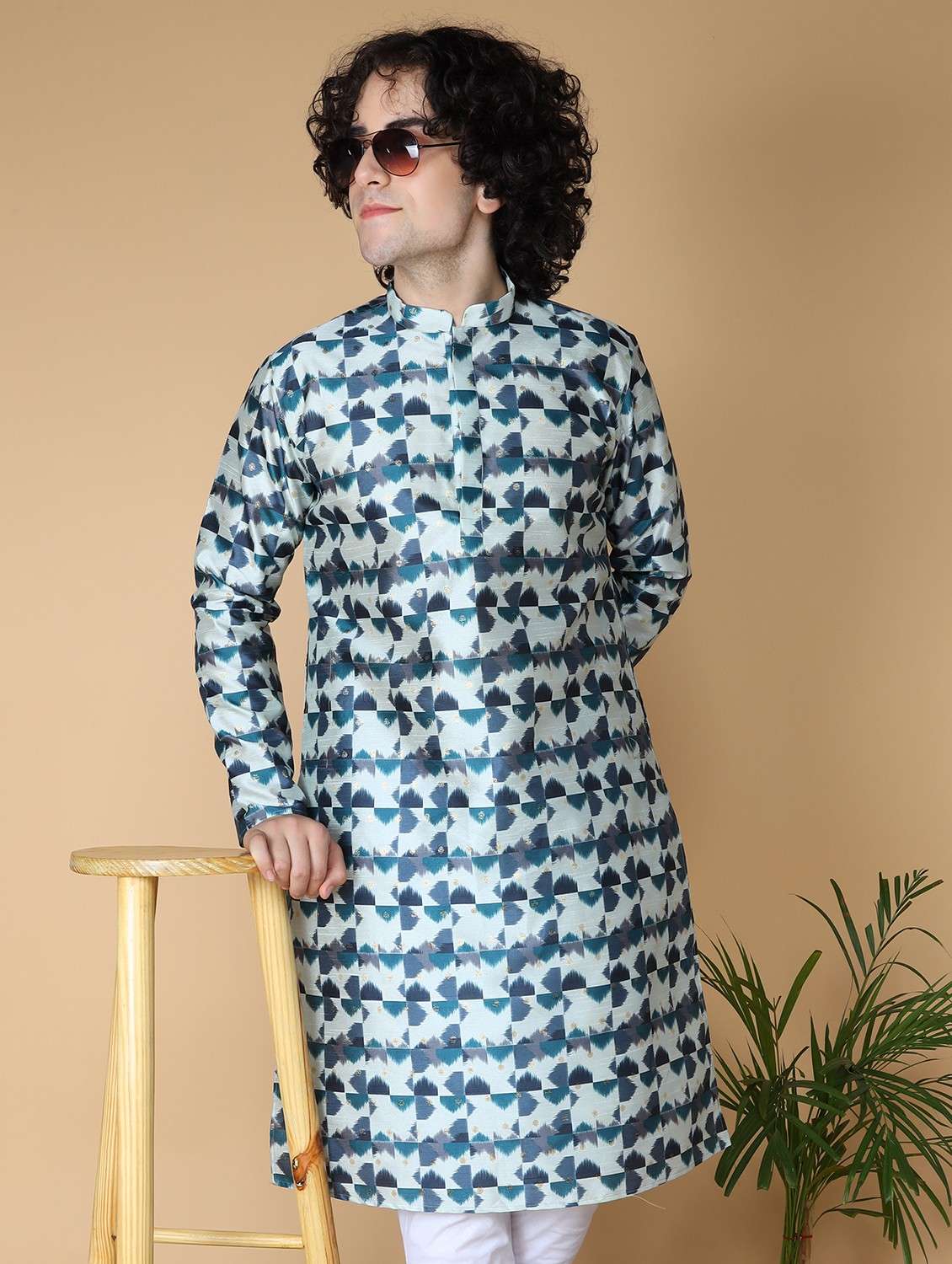 mandarin neck printed long kurta - 20011662 -  Zoom Image - 0