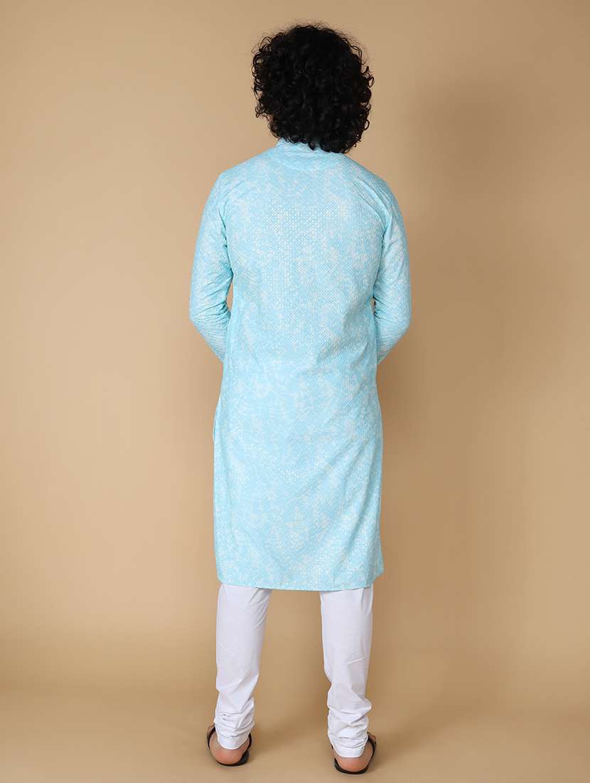 namaskar rayon cotton full sleeve chikankari embroidery knee length sky kurta for men - 20011670 - Standard Image - 3