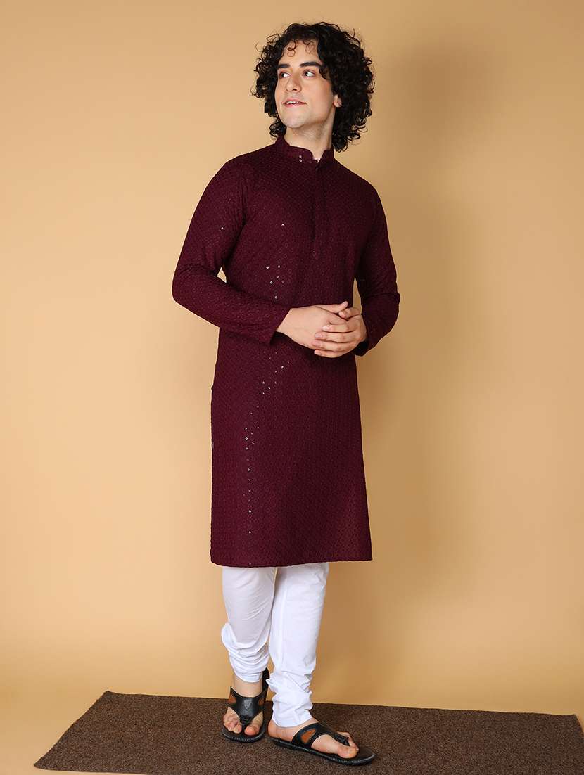 Namaskar Rayon Cotton Full Sleeve Chikankari Self Design Knee Length Coffee Kurta For Men