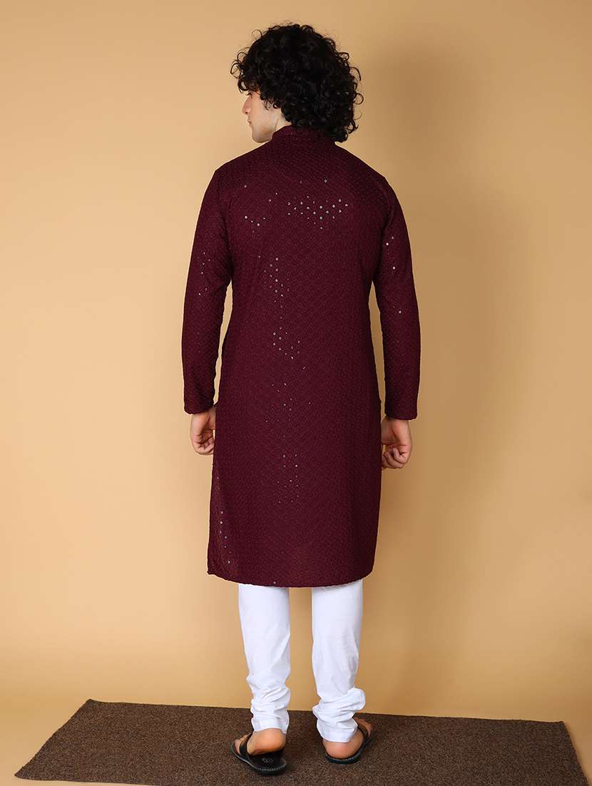 namaskar rayon cotton full sleeve chikankari self design knee length coffee kurta for men - 20011672 - Standard Image - 3