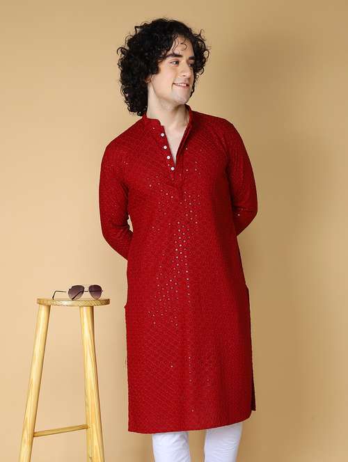 namaskar rayon cotton full sleeve chikankari self design knee length maroon kurta for men - 20011676 -  Standard Image - 0