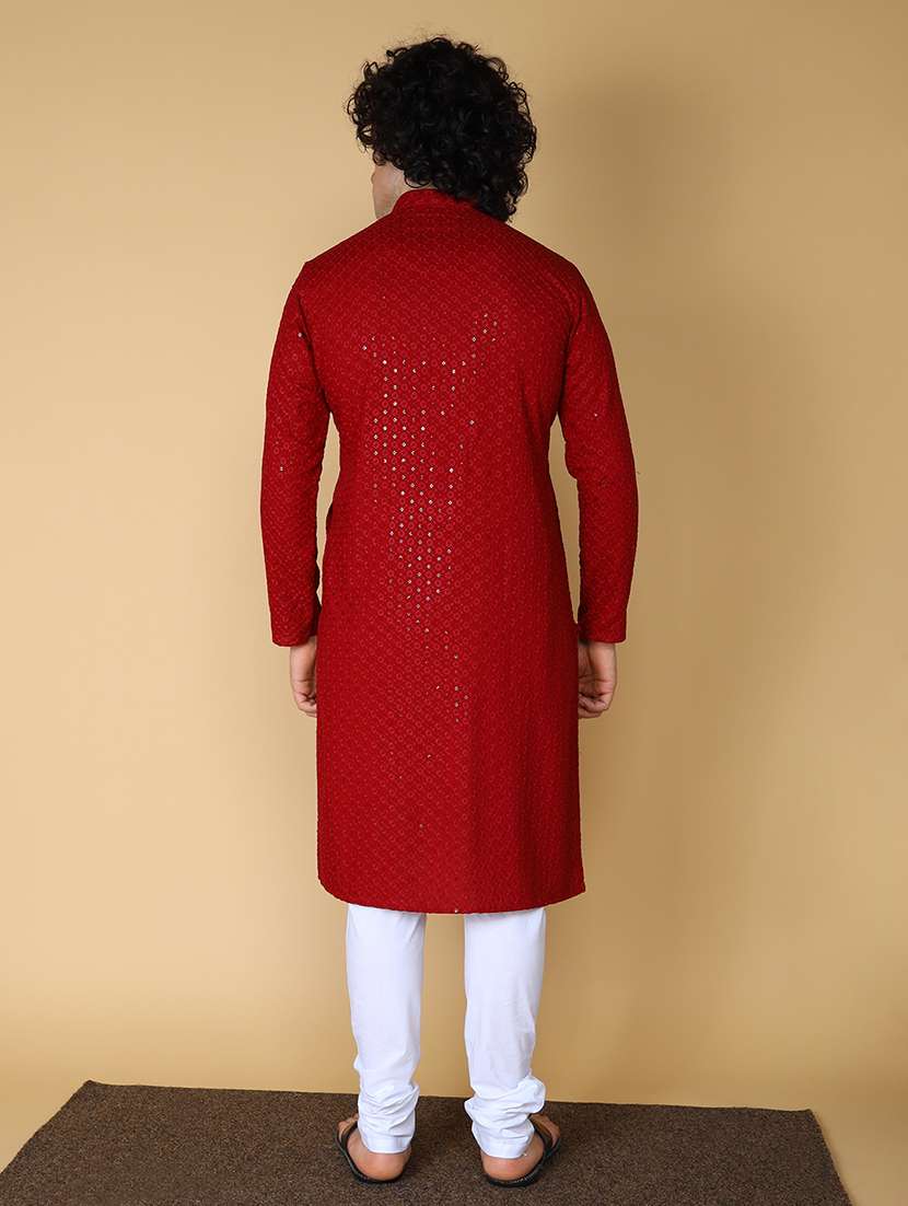 namaskar rayon cotton full sleeve chikankari self design knee length maroon kurta for men - 20011676 -  Standard Image - 3