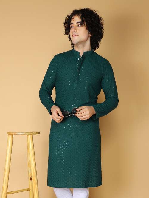 namaskar rayon cotton full sleeve chikankari self design knee length green kurta for men - 20011680 -  Standard Image - 0
