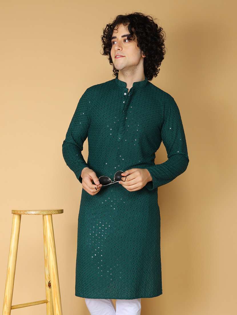 namaskar rayon cotton full sleeve chikankari self design knee length green kurta for men - 20011680 -  Zoom Image - 0