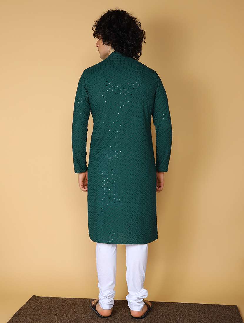 namaskar rayon cotton full sleeve chikankari self design knee length green kurta for men - 20011680 - Standard Image - 3