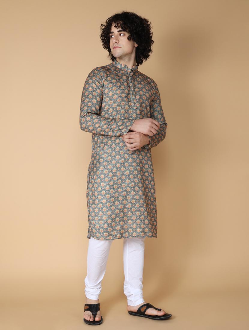 men printed kurta churidar ethnic wear set