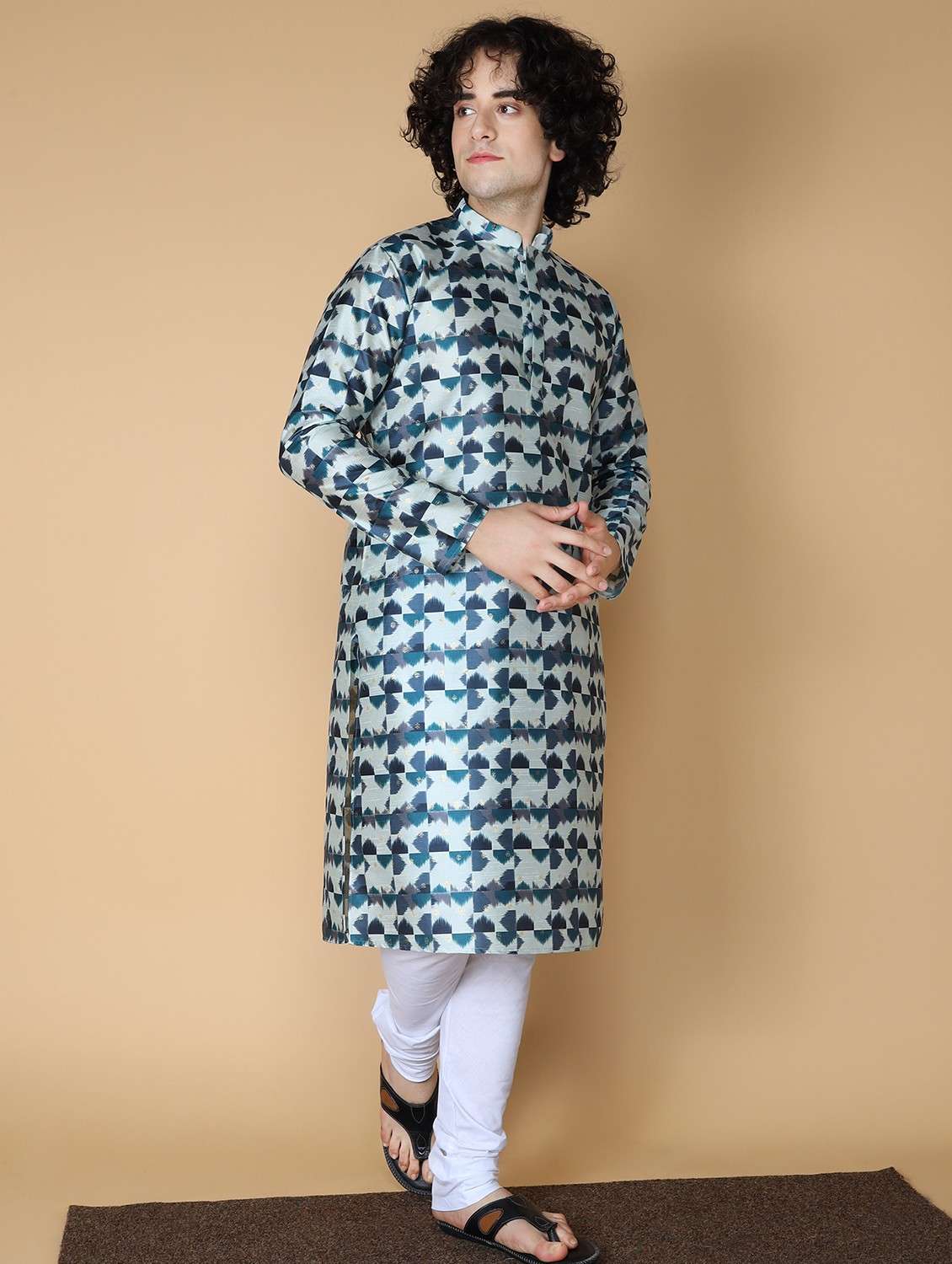 men ikat kurta churidar ethnic wear set