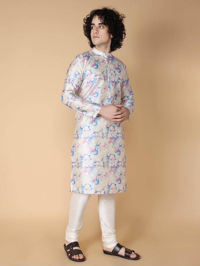 men printed kurta churidar ethnic wear set
