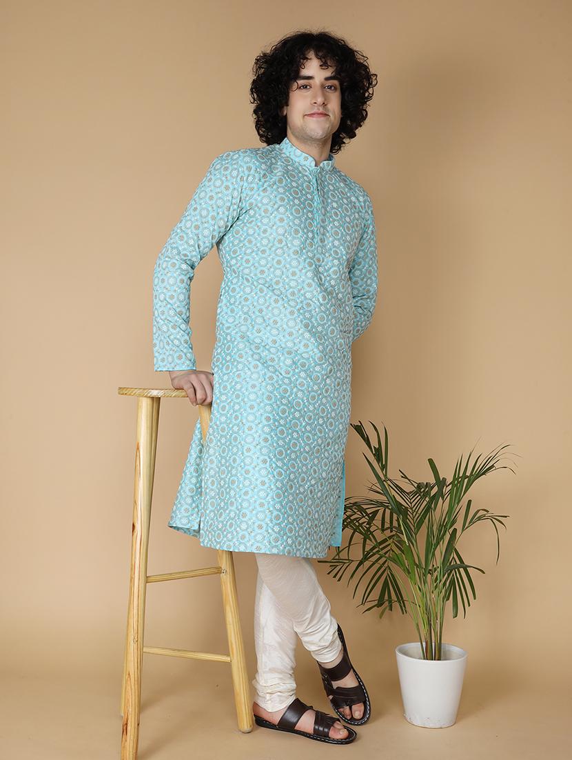 blue pure silk kurta pyjama ethnic wear set