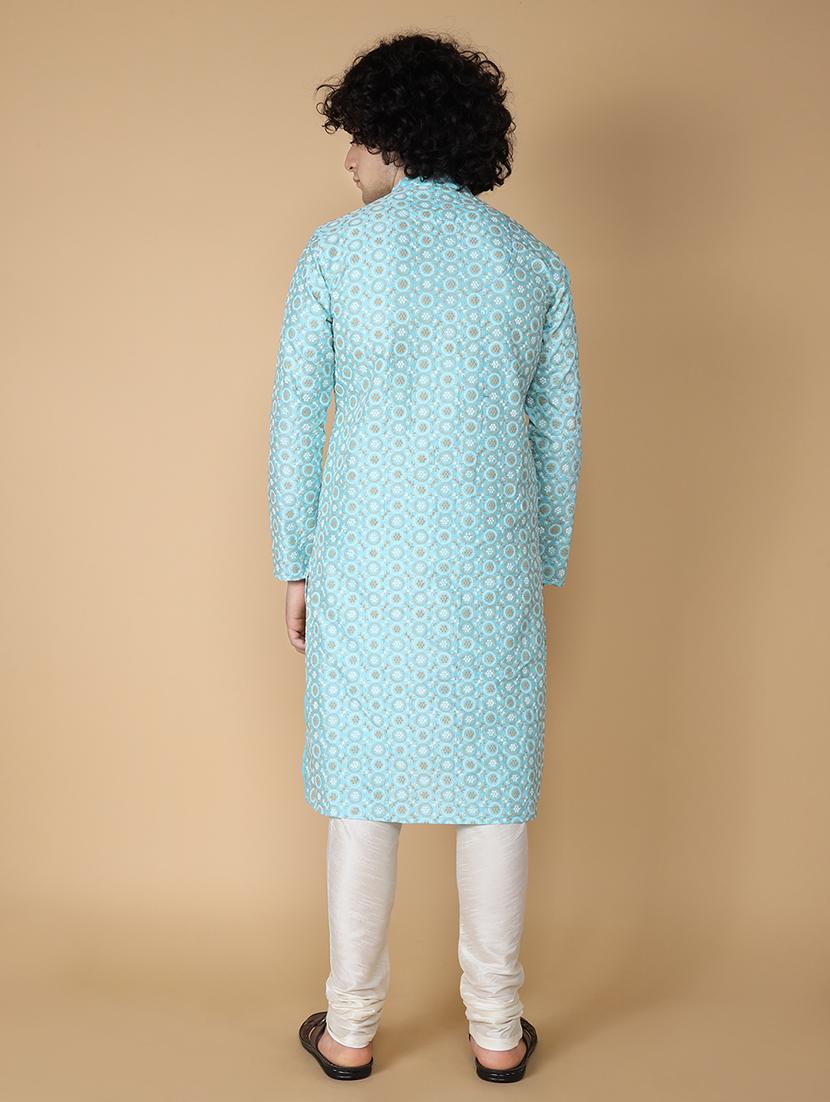 blue pure silk kurta pyjama ethnic wear set - 20011759 - Standard Image - 3