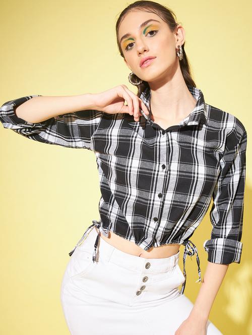 black long sleeves check print crop shirt - 20011837 -  Standard Image - 0