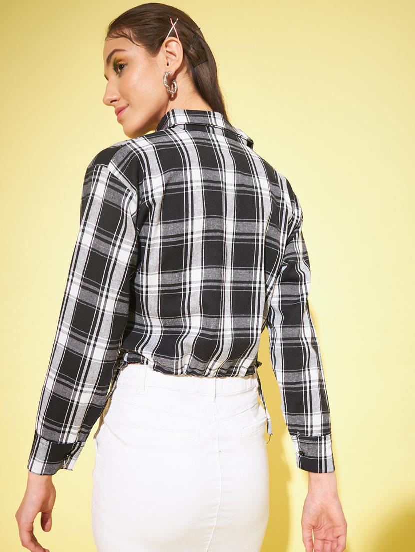 black long sleeves check print crop shirt - 20011837 - Standard Image - 3